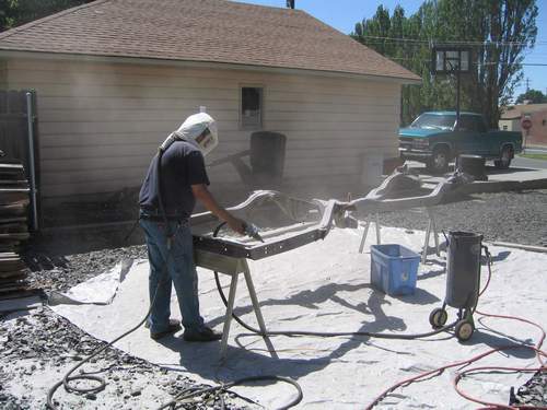 Steve sand blasting the 1960 Impala X-frame